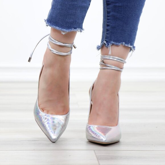 Holograpic Ankle Lace Strap Pointy Toe High Heel - Picture 11 of 16
